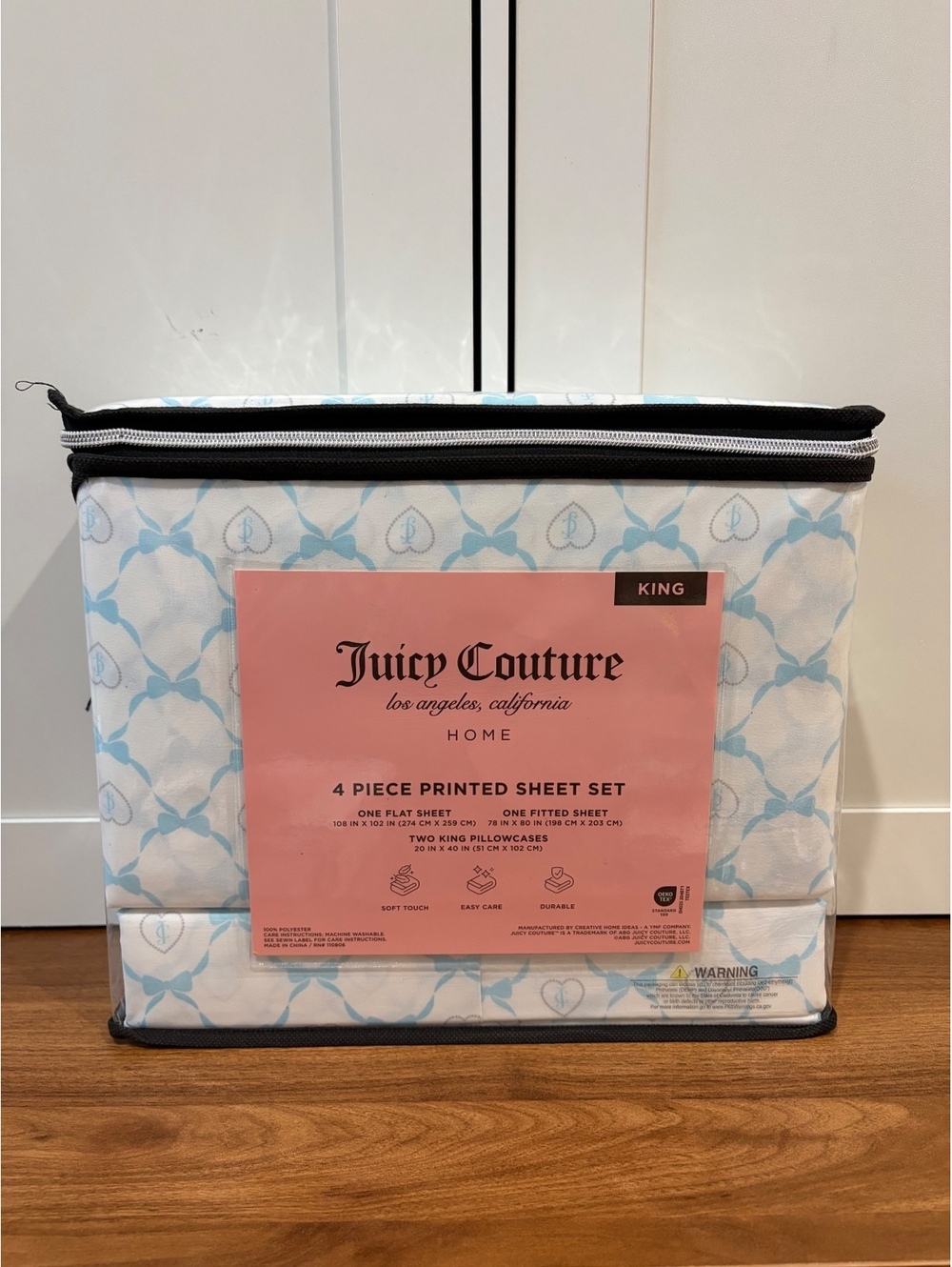 Juicy Couture King 4-Piece Sheet Set – Blue Bow & Heart Print – New